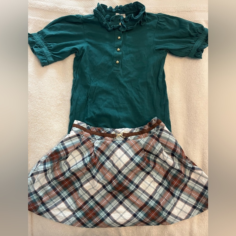 Janie and Jack Outfit: Teal Blouse with Coordinating Plaid Skirt